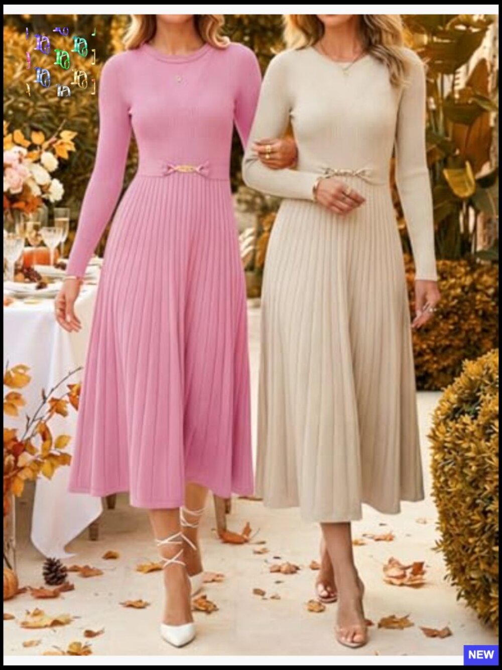 Long Sleeve Midi Sweater Dress Pleated A-Line Flowy Knit Dress with Belt - Picture 6 of 7